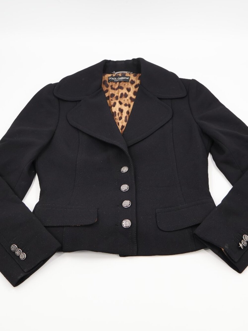 Dolce & Gabbana Blazer Womens 44 Black Virgin Wool Leopard Lining Cropped Italy